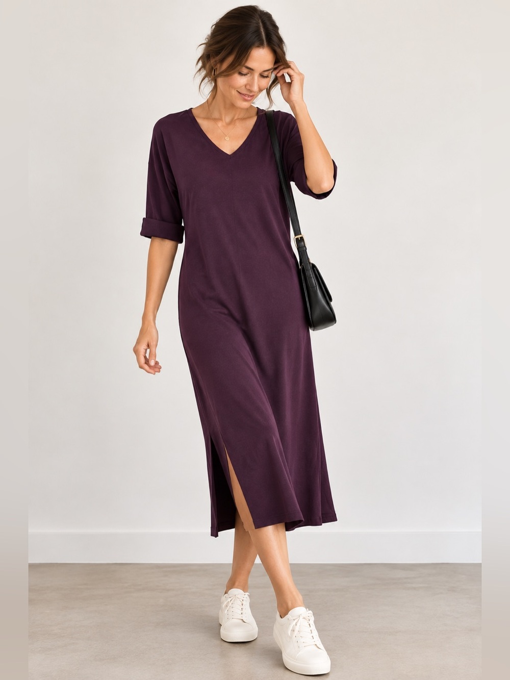 Plum Purple V-Neck Stretch Knit Midi Dress | Minimalist Chic